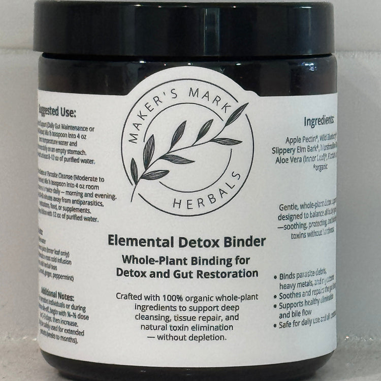 Jar with a label for Elemental Detox Binder on a white background