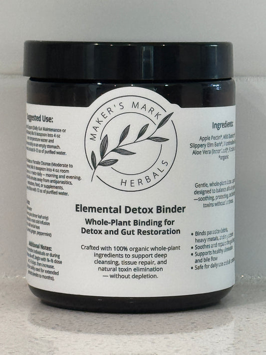 Jar with a label for Elemental Detox Binder on a white background